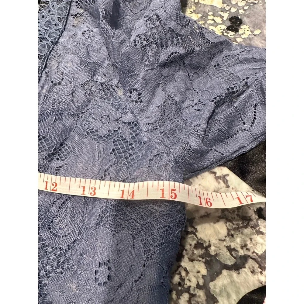 Free People Blue Lace Mini Dress Black Satin Trim‎ Open Back Ruffle Sleeve XS